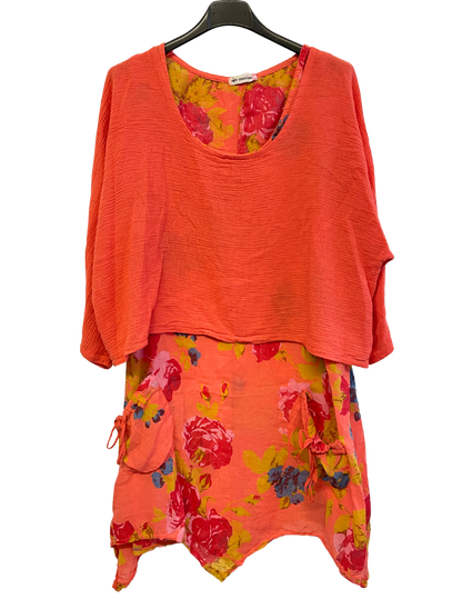 Brand New Womens Lagenlook 2 Piece Floral Dress Asymmetric Hem with Plain Top