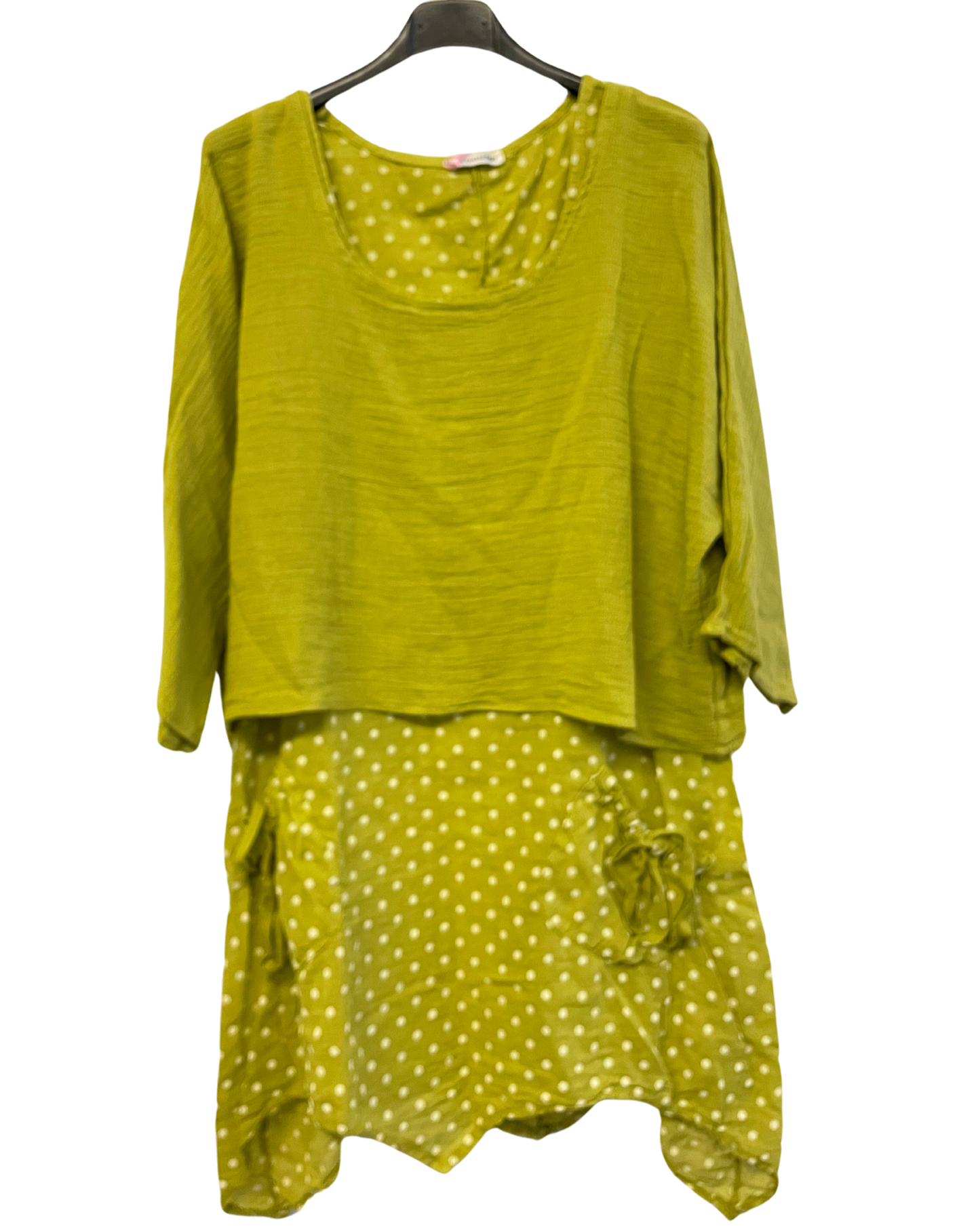 2 Piece Spot Dress Asymmetric Hem with Plain Crop Top in Lime Green