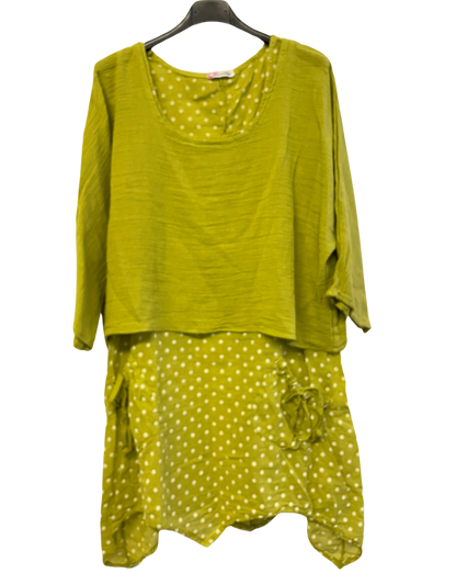 2 Piece Spot Dress Asymmetric Hem with Plain Crop Top in Lime Green