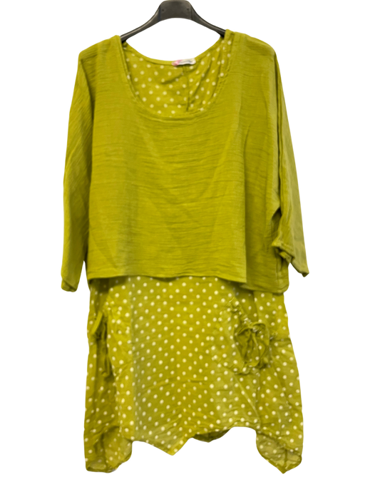 2 Piece Spot Dress Asymmetric Hem with Plain Crop Top in Lime Green