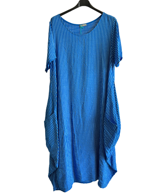 Lagenlook Stripe Cotton Summer Long Dress In Royal Blue