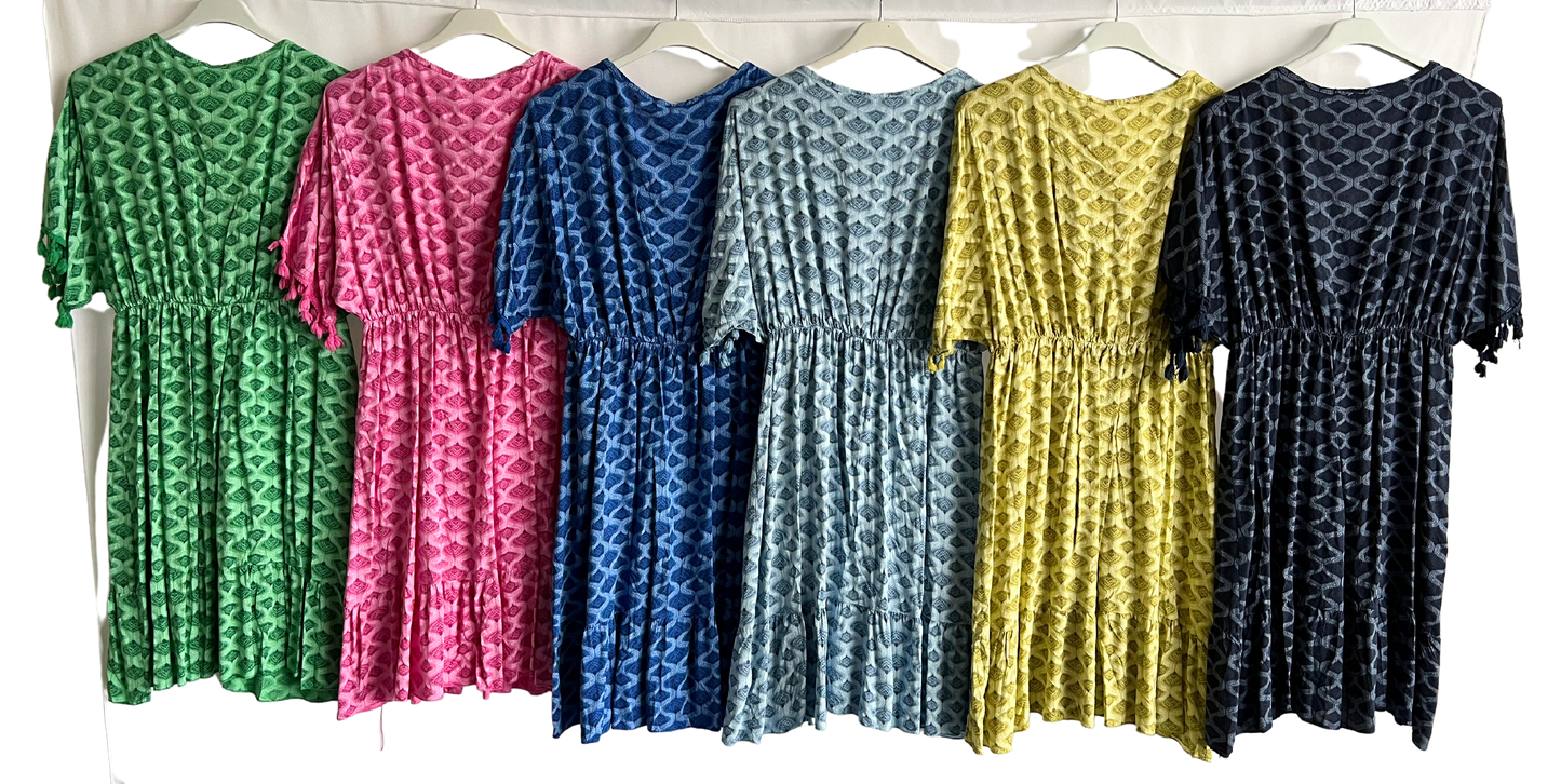 New Ladies Summer Lightweight Tassel Tie Printed Mid Length Kaftan Dresses