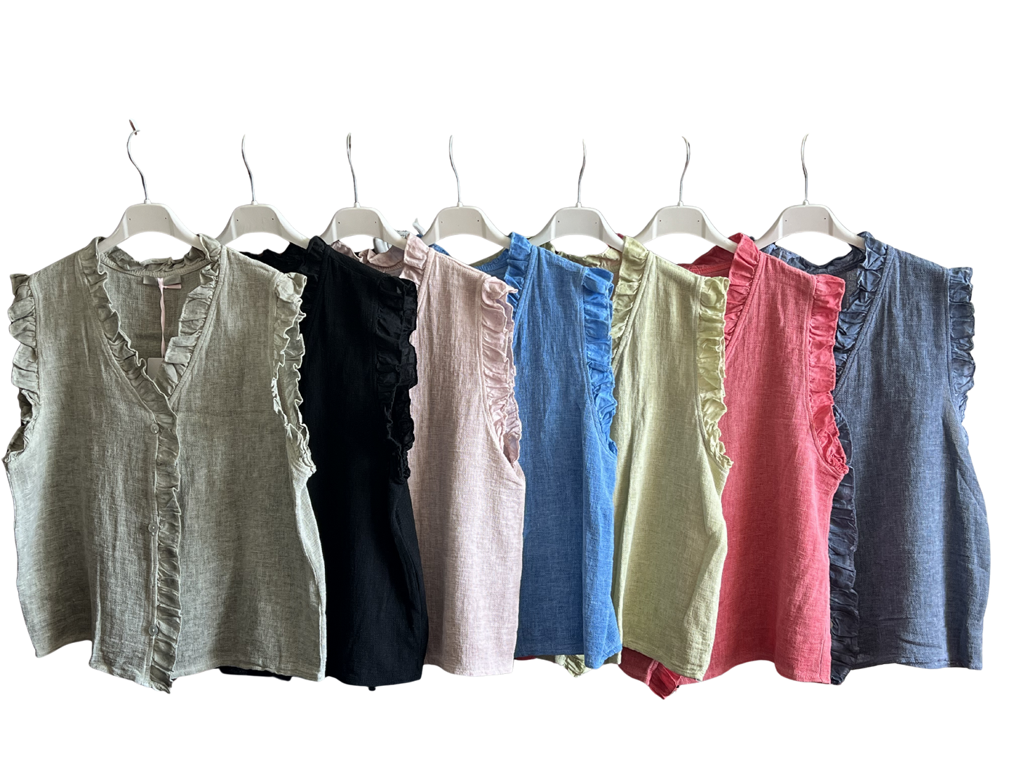 Womens Italian Linen Mix Textured Sleeveless Button Through Top with Frill Trim