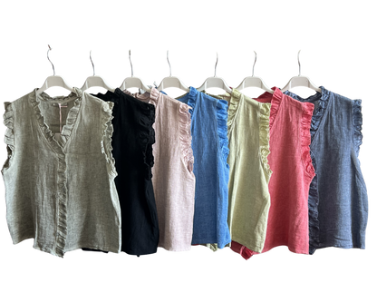 Womens Italian Linen Mix Textured Sleeveless Button Through Top with Frill Trim