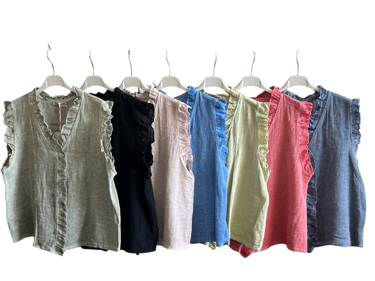 Womens Italian Linen Mix Textured Sleeveless Button Through Top with Frill Trim