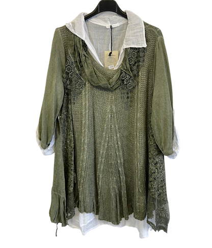 3 Piece Cotton Shirt with Knitted Overtop Tunic and Scarf in Khaki