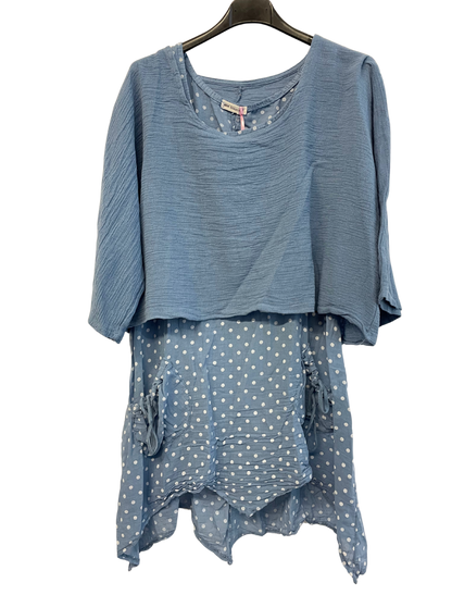 Brand New 2 Piece Spot Dress Womens Lagenlook Asymmetric Hem with Plain Crop Top