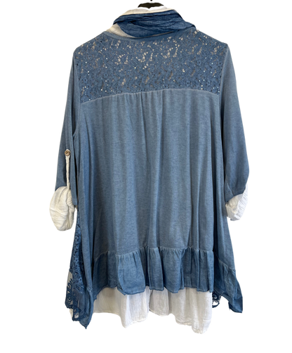 3 Piece Cotton Shirt with Knitted Overtop Tunic and Scarf in Denim