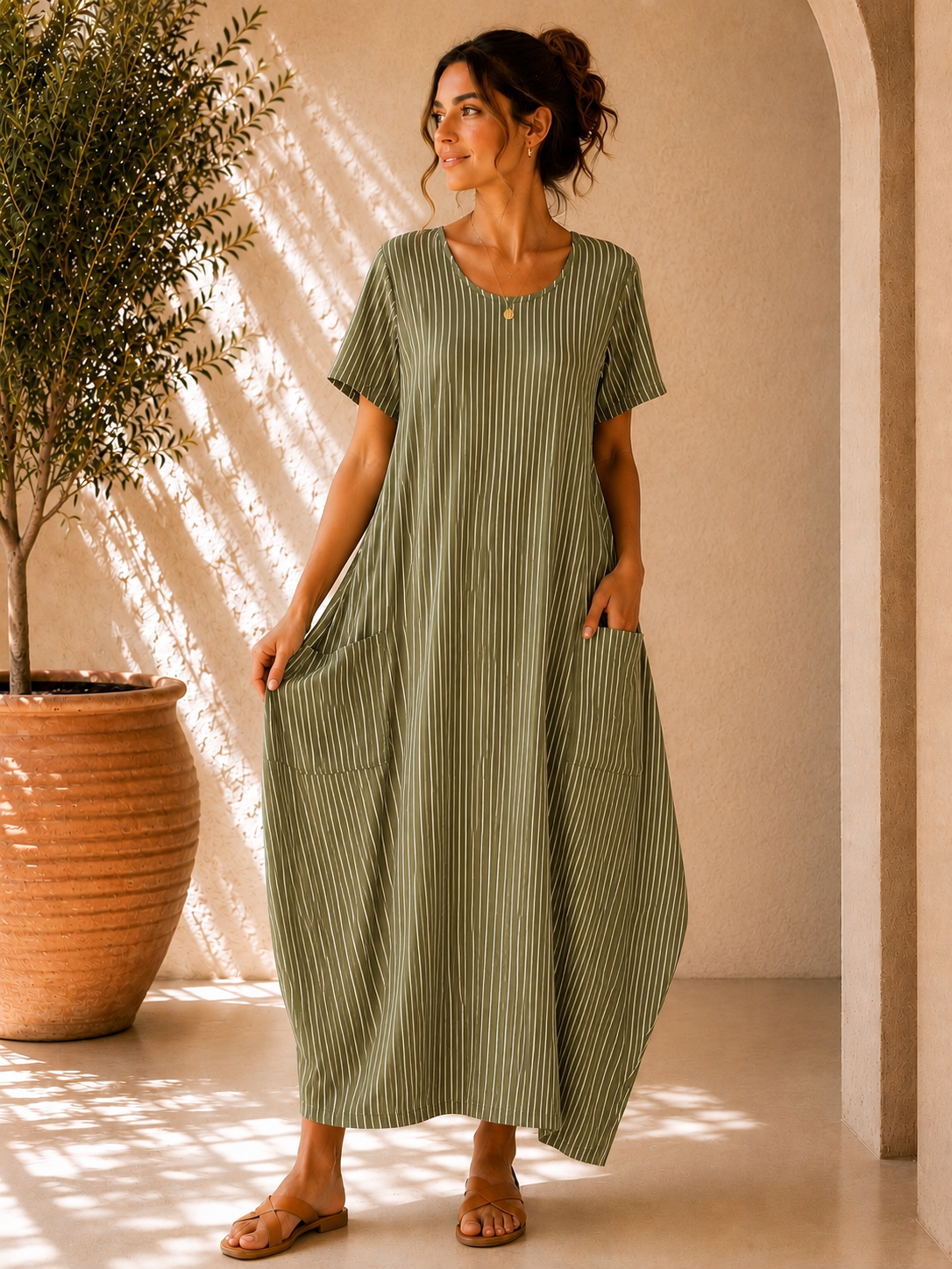 Lagenlook Stripe Cotton Summer Long Dress In Khaki