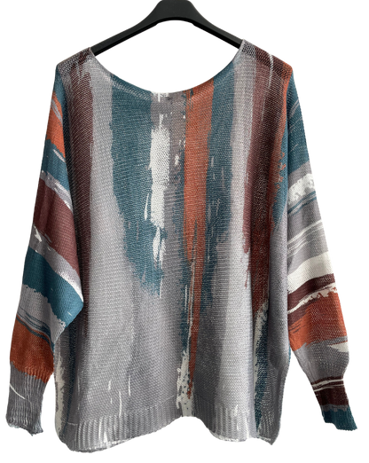 Foil Paint Splash Design Fine Knit Batwing Autumn Jumper in Grey