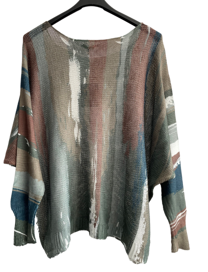 Foil Paint Splash Design Fine Knit Batwing Autumn Jumper in Khaki