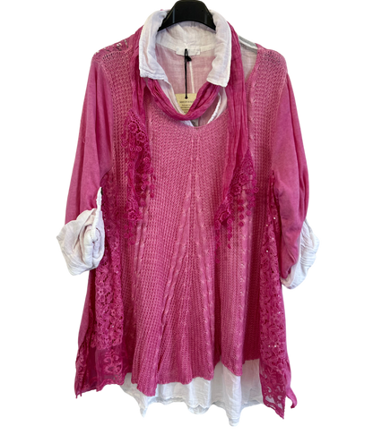 3 Piece Cotton Shirt with Knitted Overtop Tunic and Scarf in Fuchsia