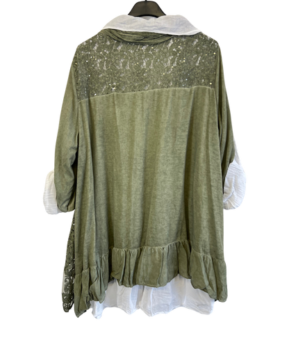 3 Piece Cotton Shirt with Knitted Overtop Tunic and Scarf in Khaki