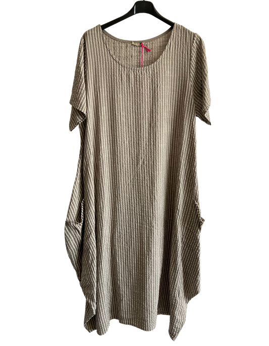 Lagenlook Stripe Cotton Summer Long Dress In Mocha