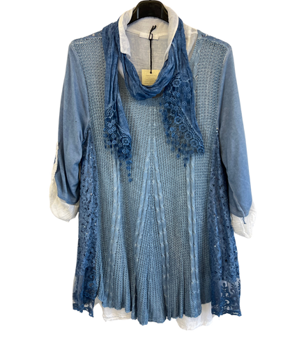 3 Piece Cotton Shirt with Knitted Overtop Tunic and Scarf in Denim