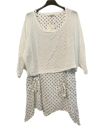 Brand New 2 Piece Spot Dress Womens Lagenlook Asymmetric Hem with Plain Crop Top