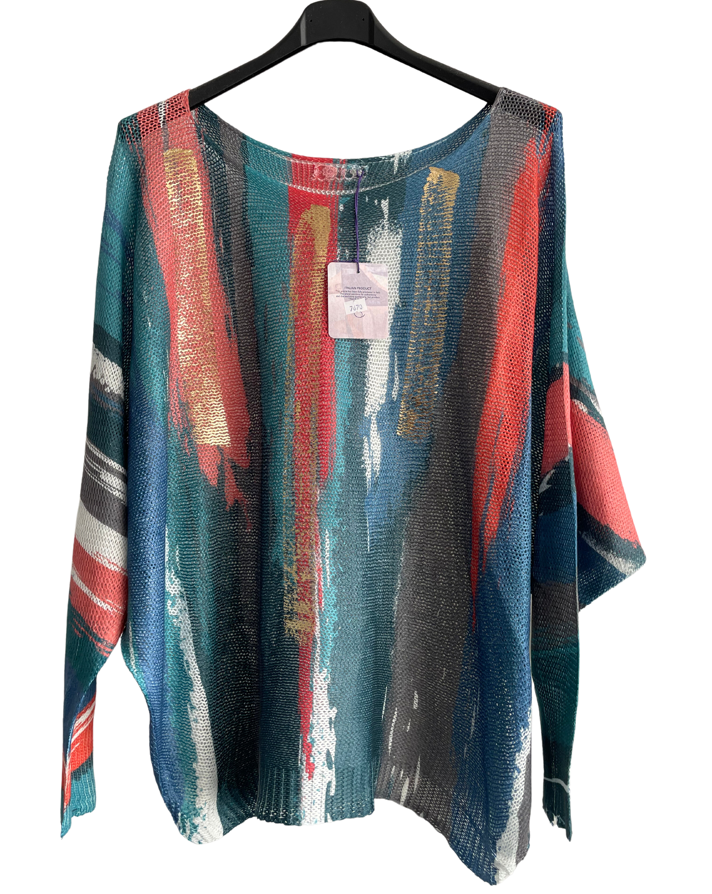 Foil Paint Splash Design Fine Knit Batwing Autumn Jumper in Teal