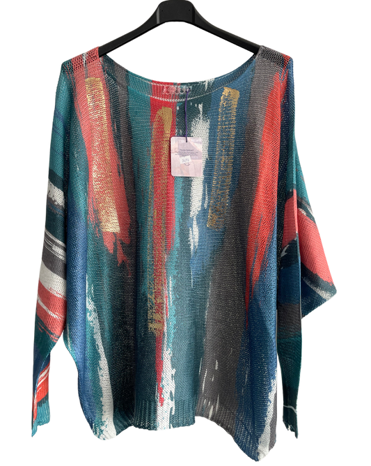 Foil Paint Splash Design Fine Knit Batwing Autumn Jumper in Teal