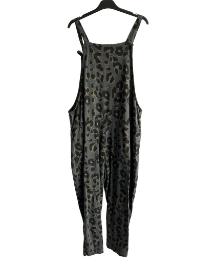 2 Pocket Animal Leopard Print Summer Dungarees In Charcoal