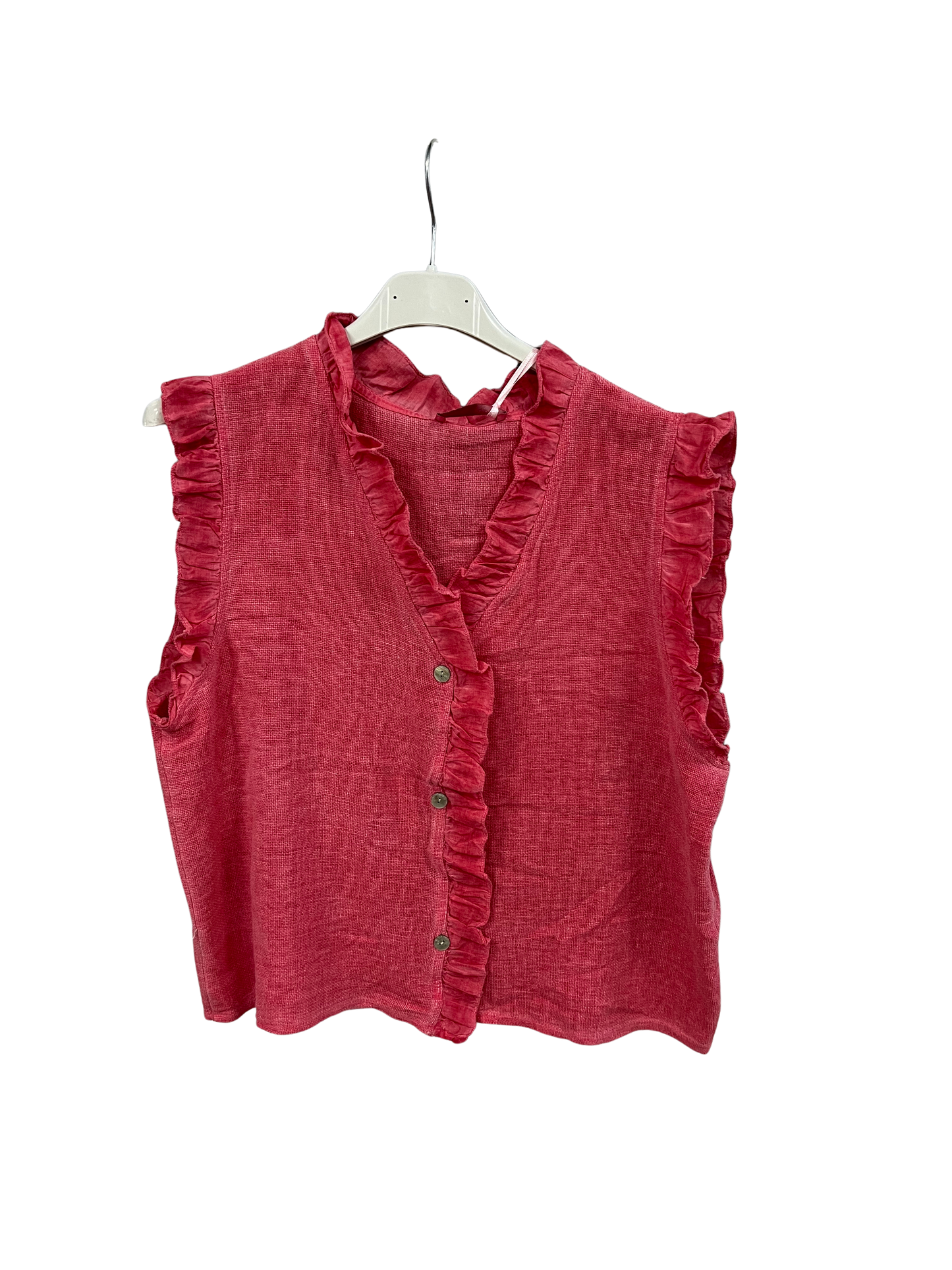 Womens Italian Linen Mix Textured Sleeveless Button Through Top with Frill Trim
