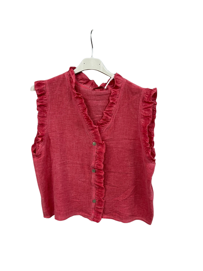 Womens Italian Linen Mix Textured Sleeveless Button Through Top with Frill Trim