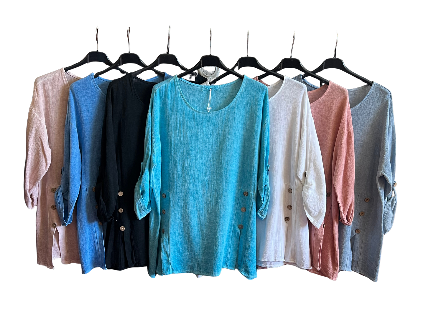 Summer 26' Textured Washed Linen Blend Tunic with Side Slits and Button Detail