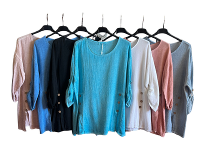Summer 26' Textured Washed Linen Blend Tunic with Side Slits and Button Detail