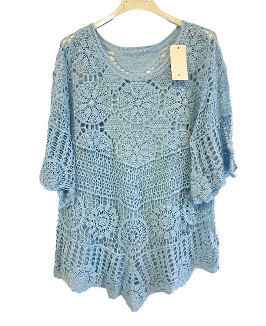 2 Piece Set Crochet Quirky Casual Tunic Top with Matching Vest in Light Blue