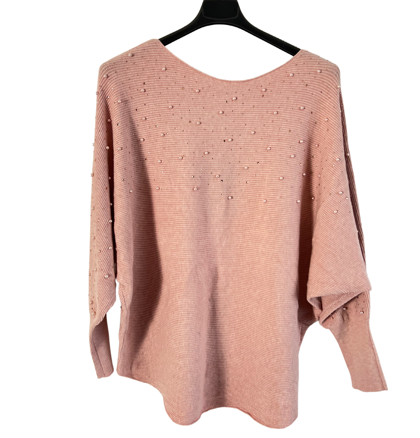 Autumn Pearl Sequin Design Batwing Sleeve Ribbed Knit Jumper in Pink