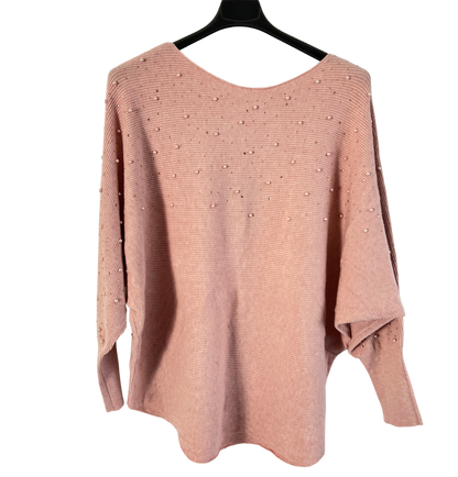 Autumn Pearl Sequin Design Batwing Sleeve Ribbed Knit Jumper in Pink