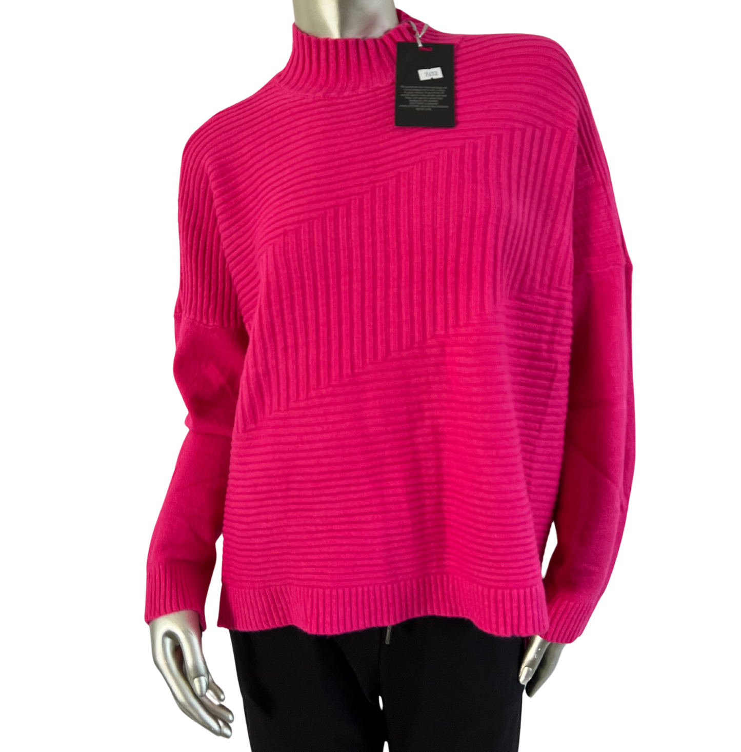 Knitted Italian Ribbed High Neck Long Sleeve Jumper in Fuchsia