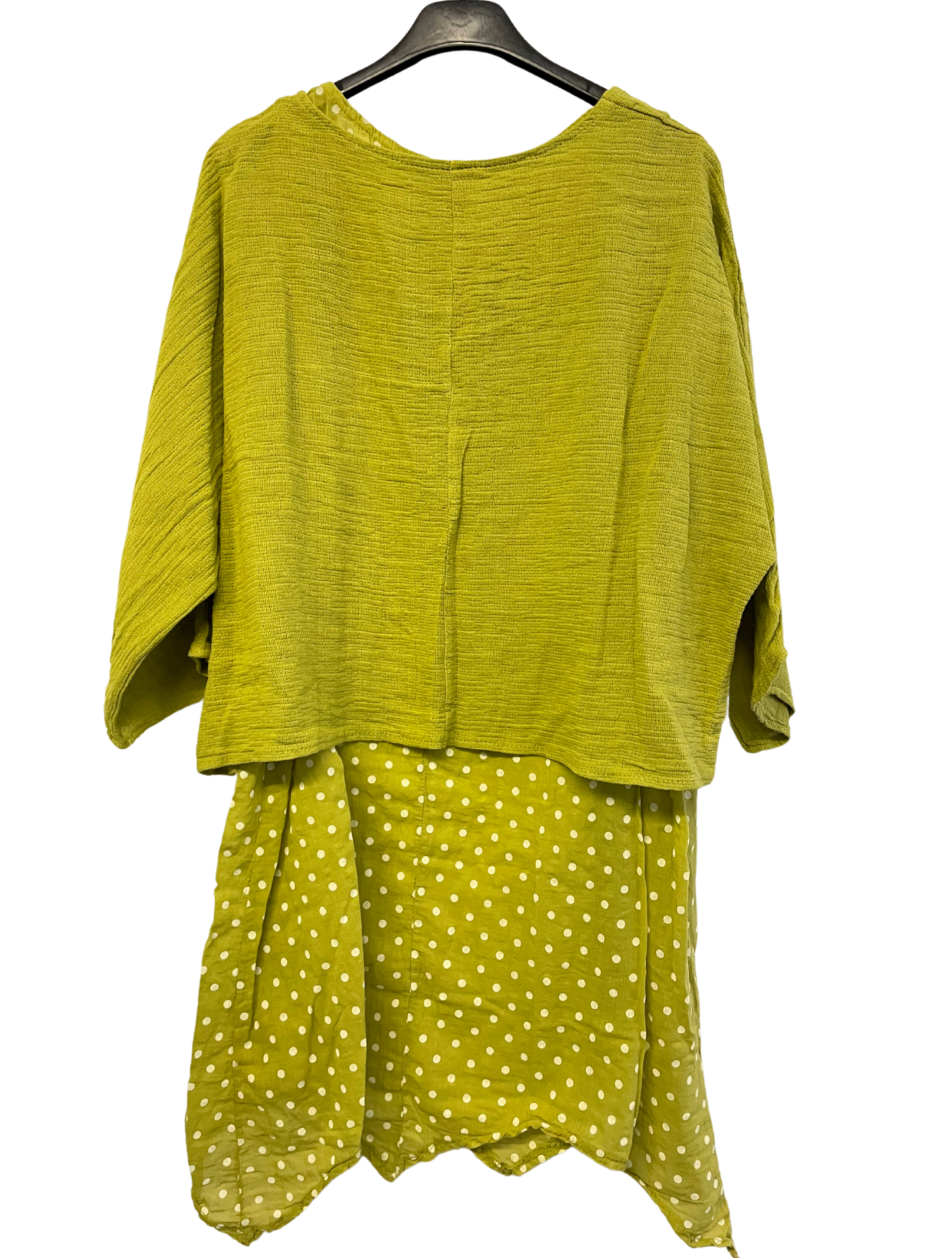 2 Piece Spot Dress Asymmetric Hem with Plain Crop Top in Lime Green
