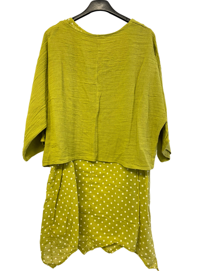 2 Piece Spot Dress Asymmetric Hem with Plain Crop Top in Lime Green