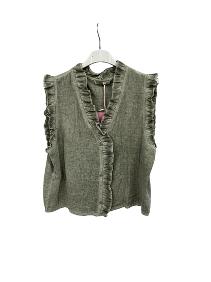 Womens Italian Linen Mix Textured Sleeveless Button Through Top with Frill Trim