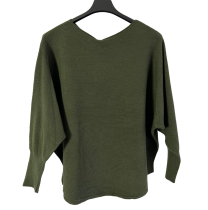 Autumn Pearl Sequin Design Batwing Sleeve Ribbed Knit Jumper in Khaki