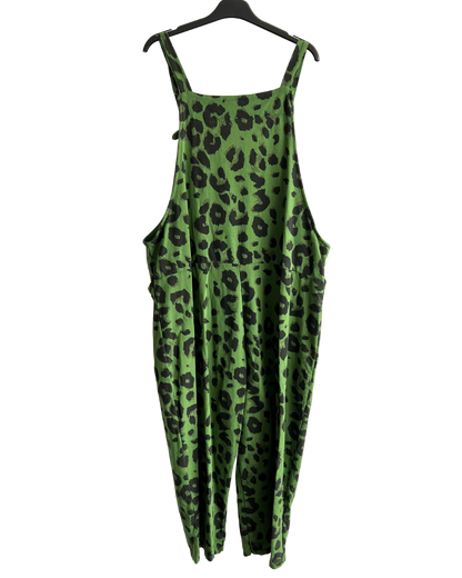 2 Pocket Animal Leopard Print Summer Dungarees In Green
