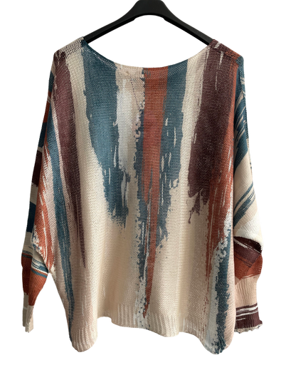 Foil Paint Splash Design Fine Knit Batwing Autumn Jumper in Cream