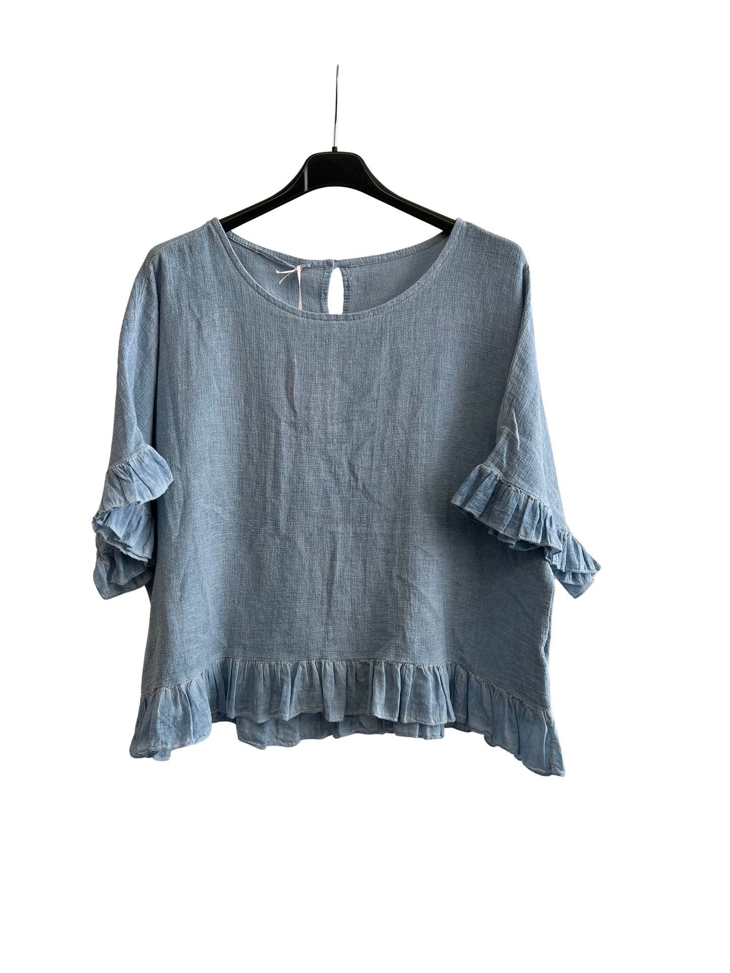 New Ladies Summer 26' Italian Linen Blend Tops with Frilled Trim Sleeves and Hem