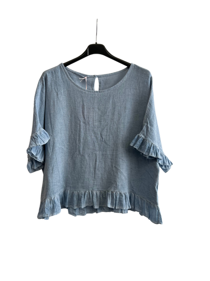 New Ladies Summer 26' Italian Linen Blend Tops with Frilled Trim Sleeves and Hem