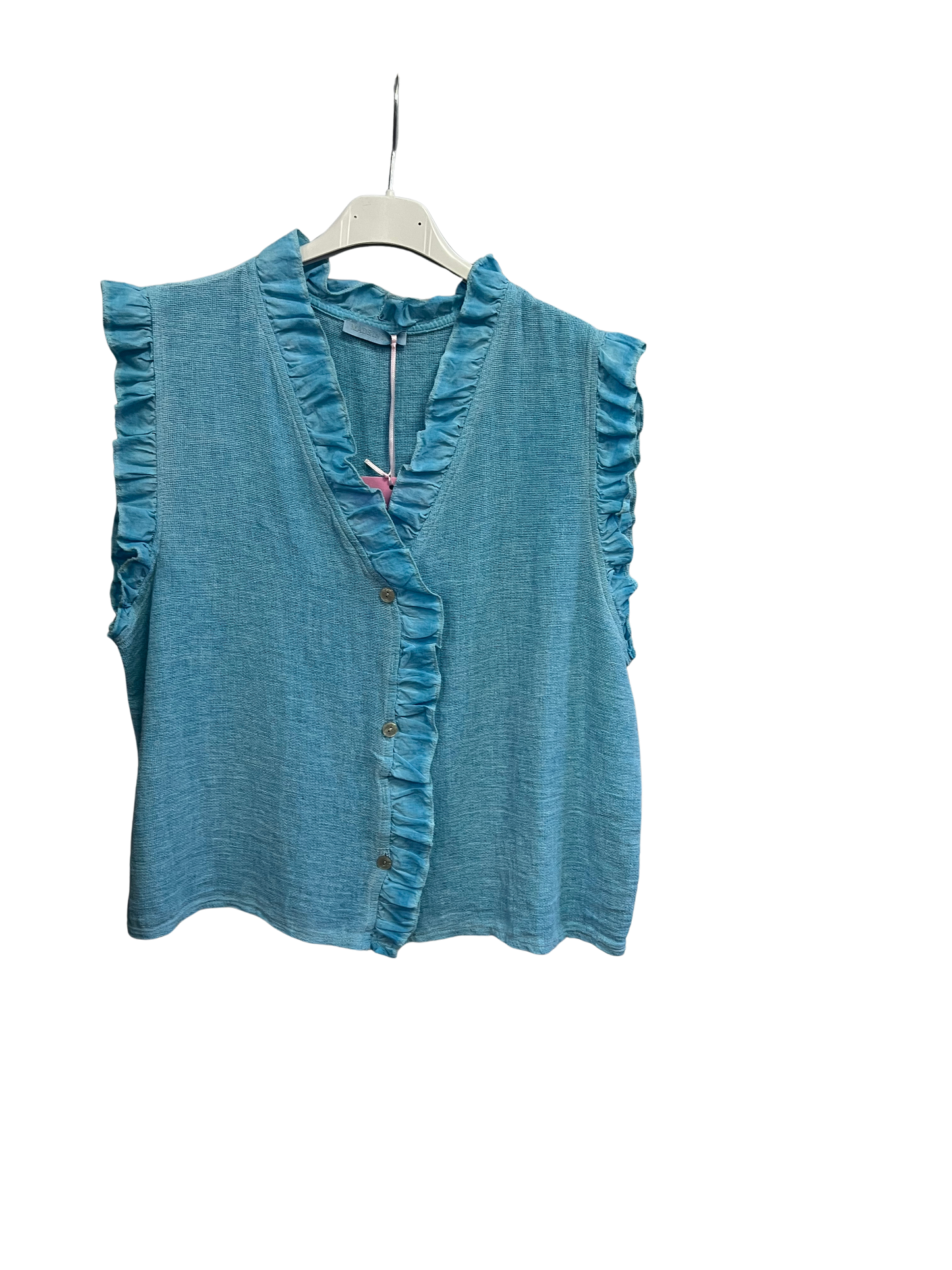 Womens Italian Linen Mix Textured Sleeveless Button Through Top with Frill Trim