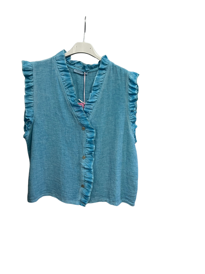 Womens Italian Linen Mix Textured Sleeveless Button Through Top with Frill Trim