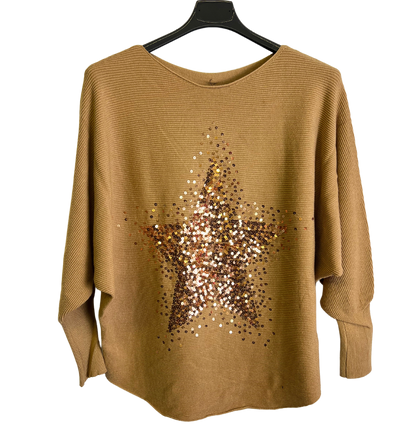 Sequin Star Batwing Sleeve Fine Knit Jumper in Camel