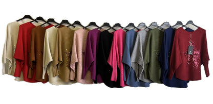 Brand New Womens Italian Sequin Star Batwing Sleeve Fine Knit Jumper