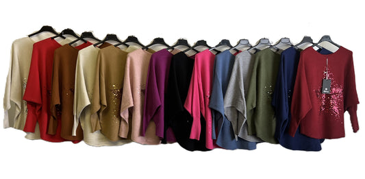 Brand New Womens Italian Sequin Star Batwing Sleeve Fine Knit Jumper