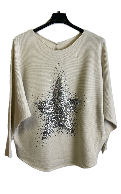 Brand New Womens Italian Sequin Star Batwing Sleeve Fine Knit Jumper