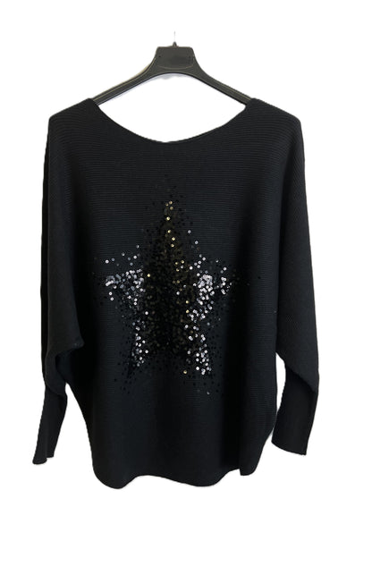 Brand New Womens Italian Sequin Star Batwing Sleeve Fine Knit Jumper
