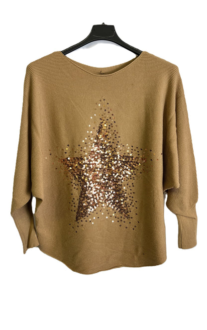 Brand New Womens Italian Sequin Star Batwing Sleeve Fine Knit Jumper