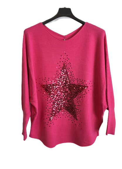 Brand New Womens Italian Sequin Star Batwing Sleeve Fine Knit Jumper