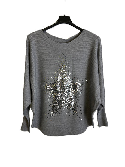Brand New Womens Italian Sequin Star Batwing Sleeve Fine Knit Jumper