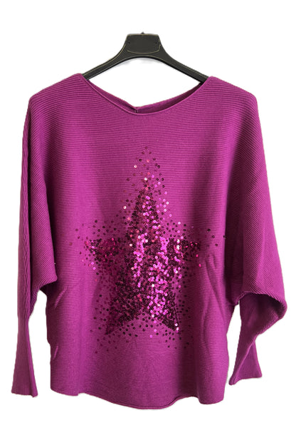Brand New Womens Italian Sequin Star Batwing Sleeve Fine Knit Jumper